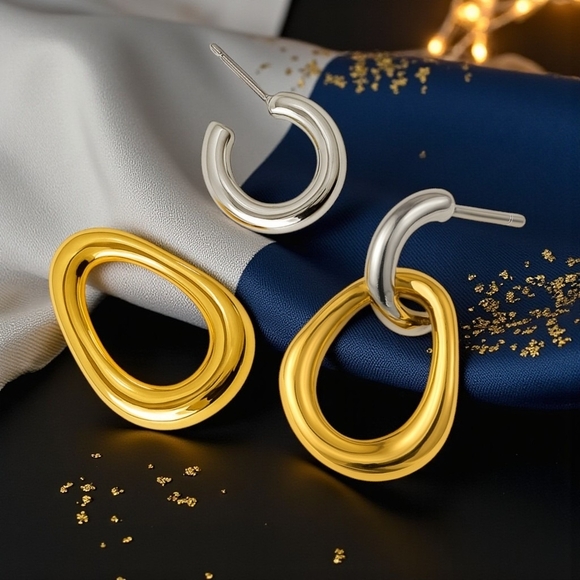 🆕️Versatile 2-in-1 Two-Tone 18K Gold Plated Stainless Steel Dainty Earrings ✨ - Picture 5 of 15